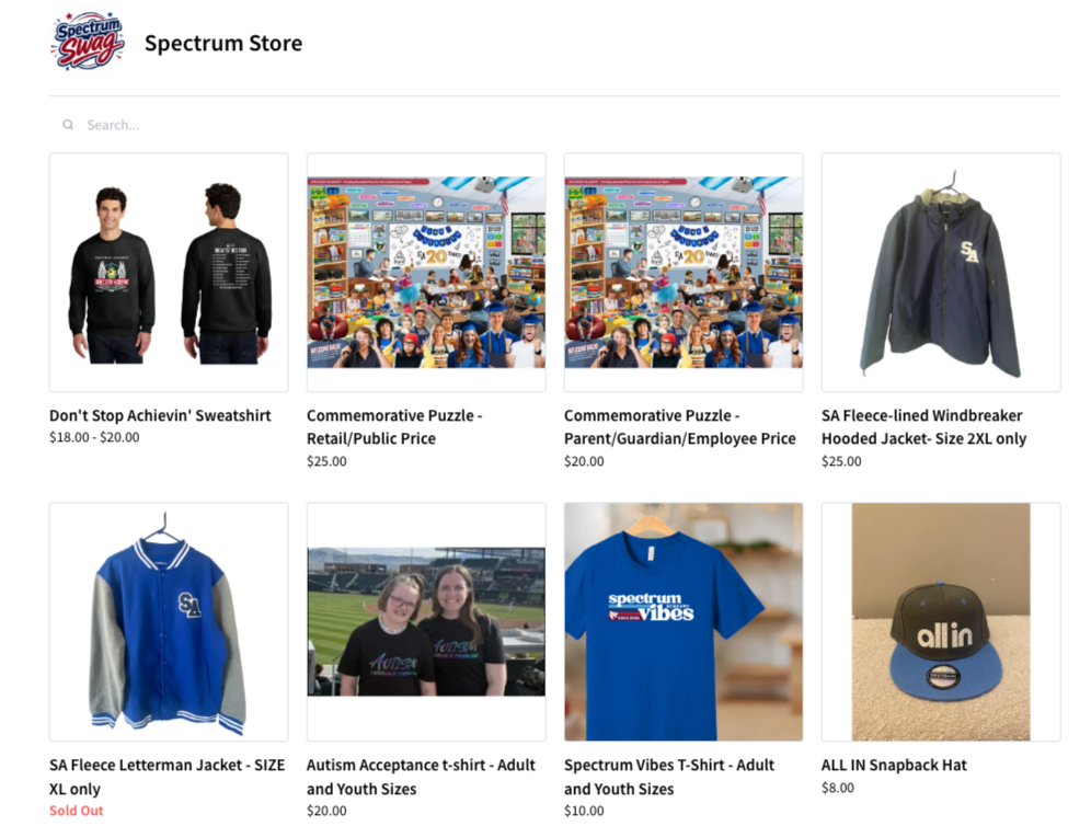 A webpage displays an online store with various items like apparel and commemorative puzzles.
